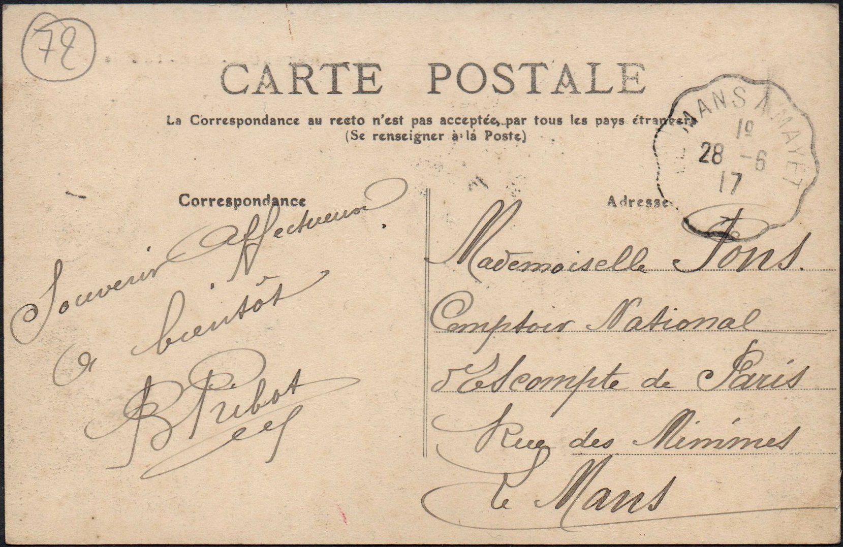 Courrier-Convoyeur-Ligne Le Mans à Mayet Pothion Type III 1917